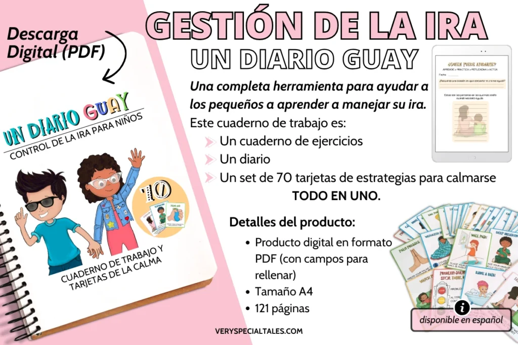 Cuaderno en formato PDF para enseñar a los niños a gestionar la ira. La imagen muestra también tarjetas de estrategias de la calma
