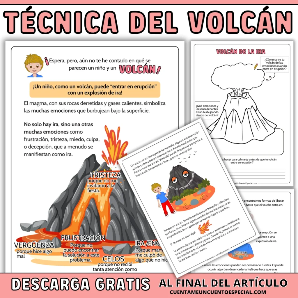 Técnica del volcán con ejemplos de las fichas de trabajo del volcán de las emociones